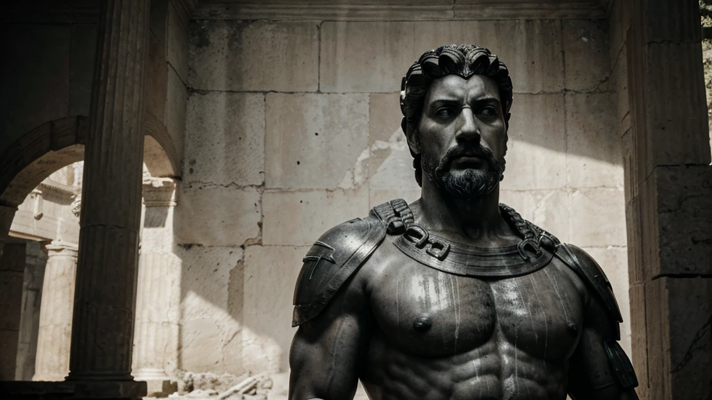 a portrait statue of the stoic Marcus Aurelius in black and white 4K, Super realistic ANCIENT GREEK RUINS, fully body, corpo stark, brawny, stark, wearing no shirt, tronco stark, stark, wearing no shirt, strong arms, 8K, ultra realisitic, cinematographic

