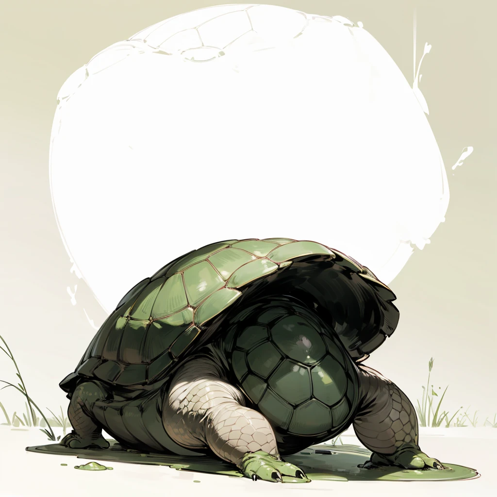 (Random Evolution, Colossal Titan mixed with turtle), full body version, full black and white colour skins, (green eyes), (Grassroots oil), no background, Oil, slimy floor