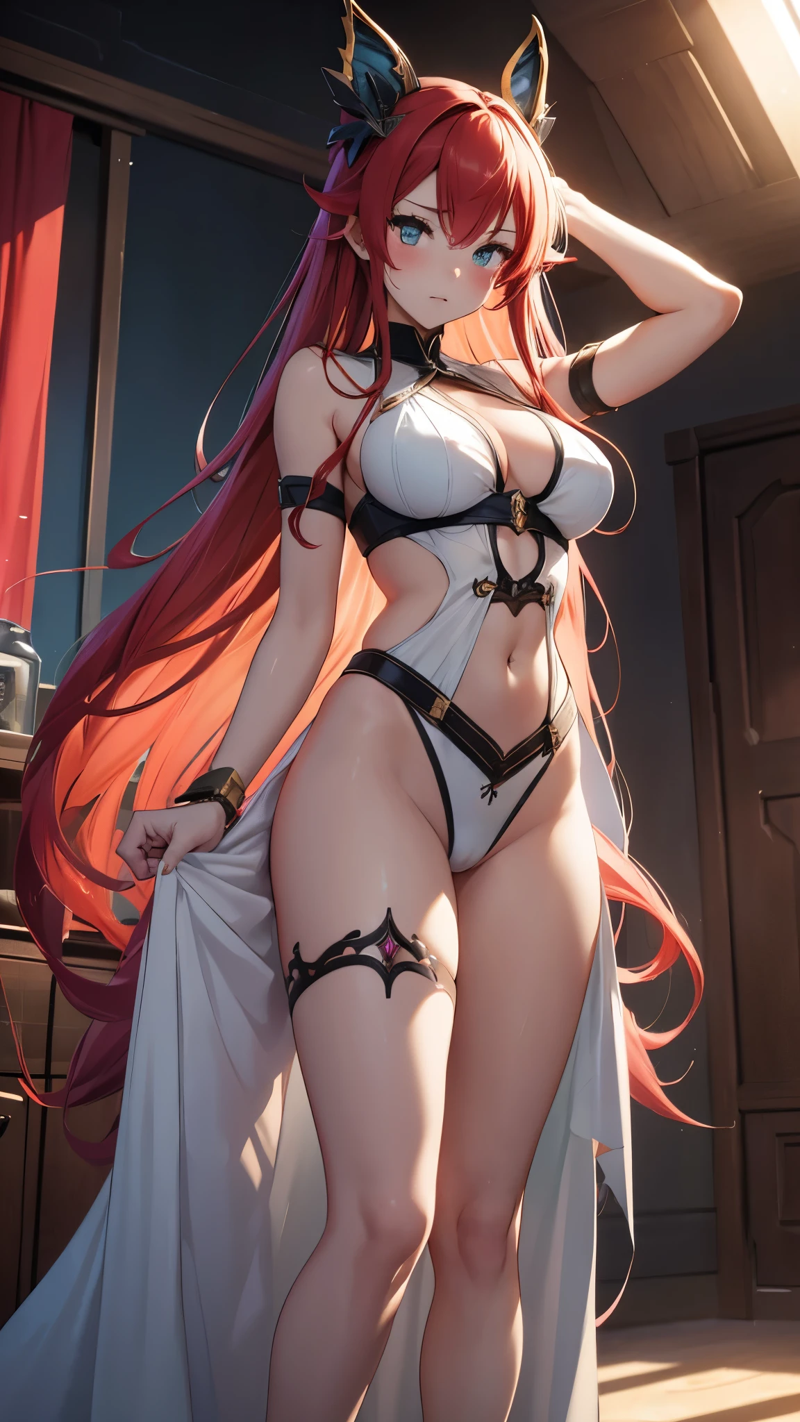 (best quality,highres:1.2),ultra-detailed,realistic,photorealistic:1.37,a beautiful girl (Eris Boreas Greyrat - Mushoku Tensei: Jobless Reincarnation) model in a pop style,18 years old,long legs,medium breasts,extremely detailed face (with emphasis on azure eyes),Her red-colored hair falls to her shoulders.She is dressed in soft translucent fabric clothes, more than half of her body is naked. The clothes emphasize her sexuality,bent down, lifting her ass to the top,there is an artfully executed Dragon tattoo on the right thigh of her leg, the girl stands in this angle (showing everyone her tattoo),illustration,colorful pop art style,dynamic lighting,neon colors.Nsfw