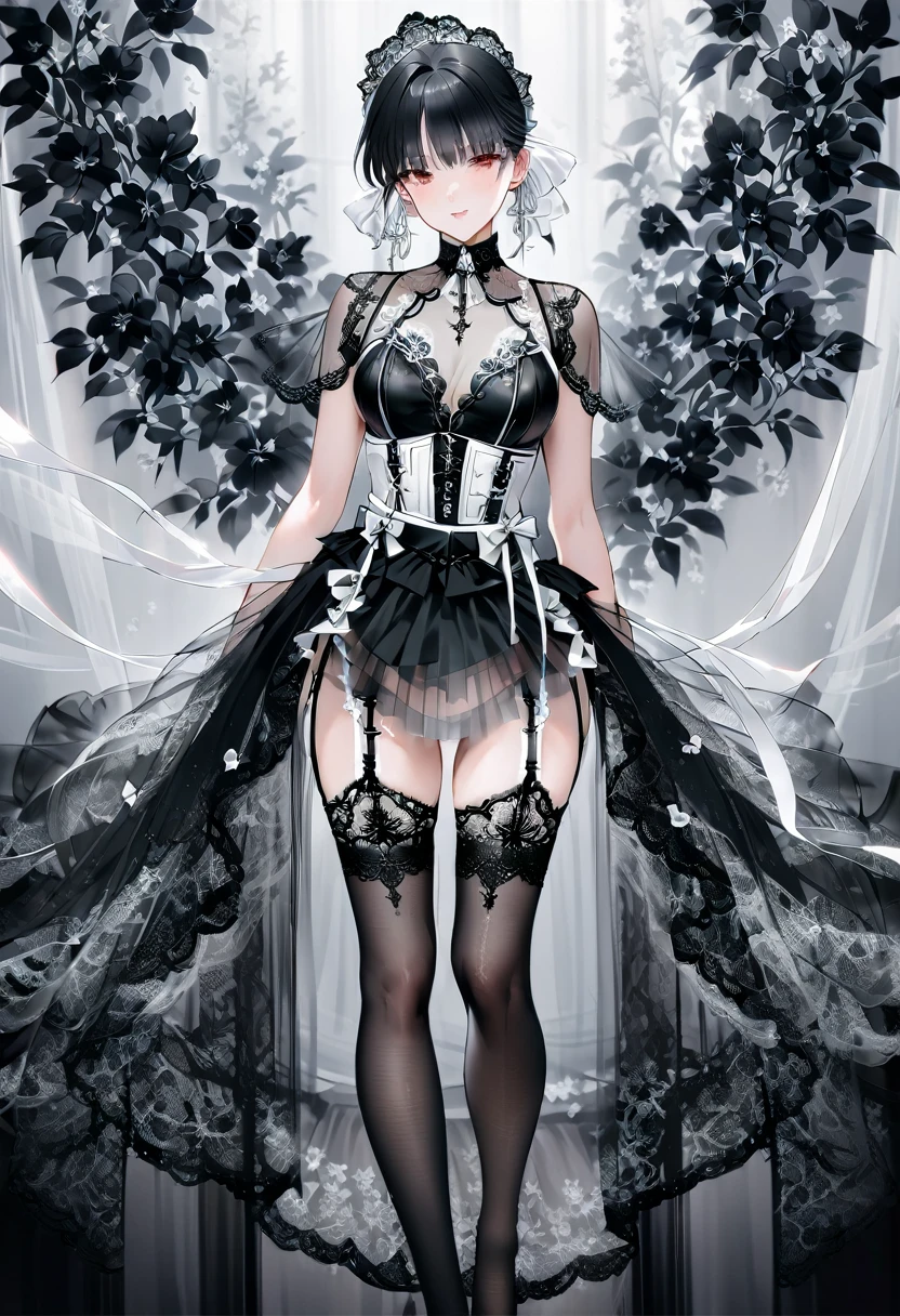 ((Top quality, masterpiece, freak, super resolution)), 1 girl, Japanese model,16 years old,Smooth black hair,Mainly white, black from the chest to the minute of the V-cut, with the woman wearing a bodysuit-style covering from the chest to the hips (corset dress). The neckline is a deep V-cut with straps and the skirt is decorated with short tulle frills. The corset also has a garter belt. (base colour white with black transparent lace on the front)). The front centre of the corset is decorated with delicate black floral lace and a white ribbon. The skirt is ruffled with transparent tulle and is light. The stockings are also black lace. The contrast between black and white is beautiful and the delicate lace and tulle details emphasise the elegant and sexy atmosphere.Mainly white, black from the chest to the minute of the V-cut, with the woman wearing a bodysuit-style covering from the chest to the hips (corset dress). The neckline is a deep V-cut with straps and the skirt is decorated with short tulle frills. The corset also has a garter belt. (base colour white with black transparent lace on the front)). The front centre of the corset is decorated with delicate black floral lace and a white ribbon. The skirt is ruffled with transparent tulle and is light. The stockings are also black lace. The contrast between black and white is beautiful and the delicate lace and tulle details emphasise the elegant and sexy atmosphere.