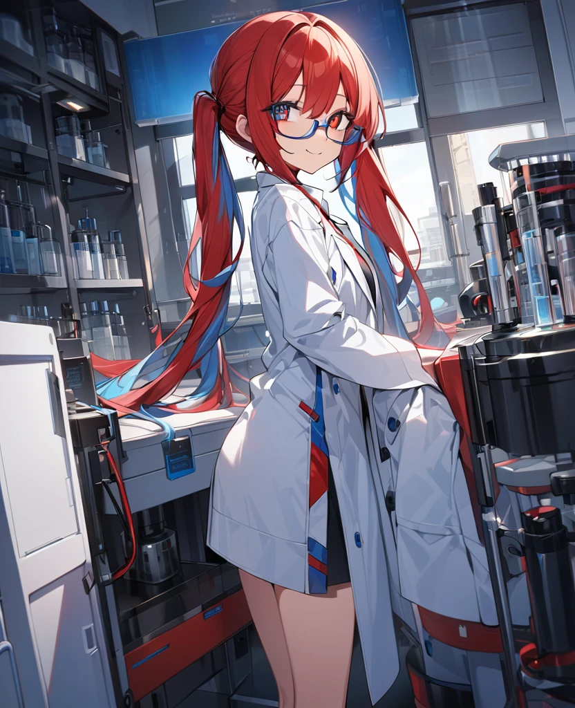One Woman、Blue and red two-tone hair、Hairstyle、Long twin tails、Red and blue eyes、Slanted Eyes、Glasses、whole body、View your viewers、lab coat, indoor、Blue and red two-tone hair, tsurime, Blue and red eyes、smile, Ultra-high resolution, Very detailed, mismatched pupils, from side