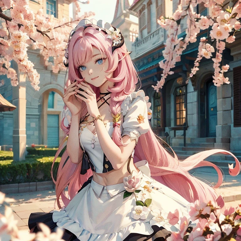 long hair, pink hair, red horns, long flowing hair, floating hair, ornament hair, perfectly body, perfectly hands, dark pink rose on hair, maid, maid dress, maid headdress, maid apron, white apron, on street, petals in the air, blossom peach tree, centered girl, maid dress, red dress, more details on her clothes, dress with transparency, golden details, daylight, smiling, cape, ((4k, masterpiece, top-quality)),8k, best quality, high resolution, HD, (illustration:0.8), super cute girl, delicate and beautiful face, 1girl, solo, mature girl, super cute hairstyle, (beautiful detailed eyes:1.6), extremely detailed face, perfect lighting, extremely detailed CG, (perfect hands, perfect anatomy), Best quality, cleavage, small skirt, full Body,