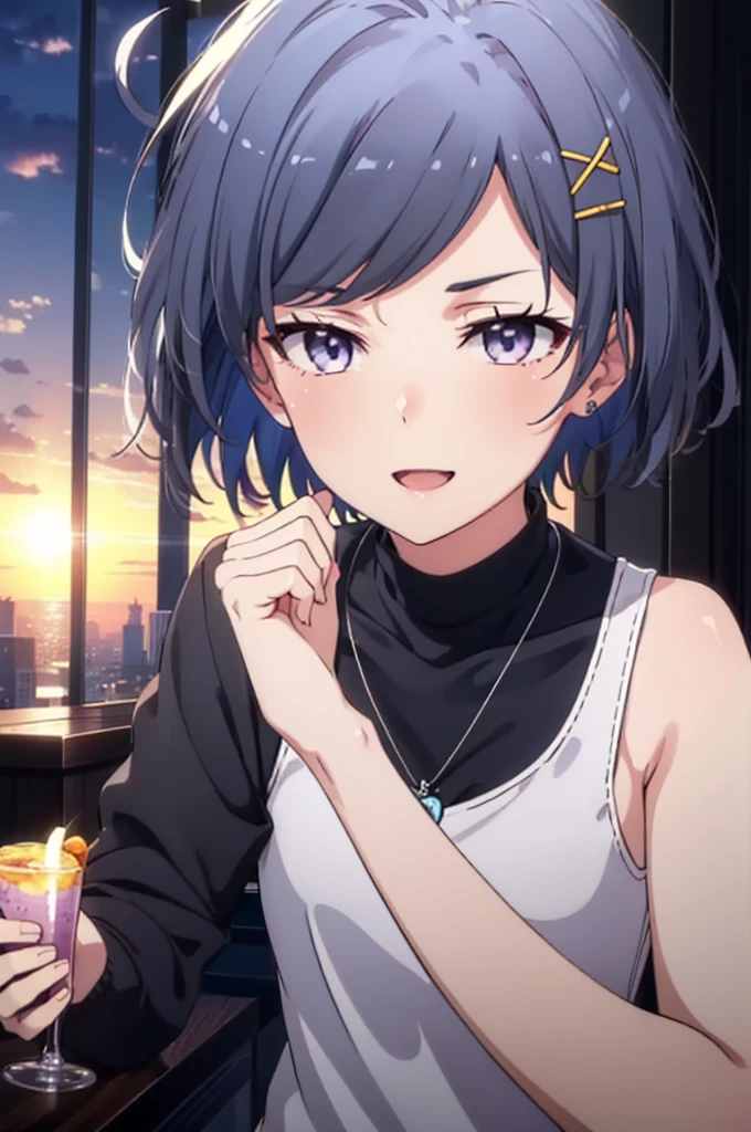 komachihikigaya, komachi hikigaya, short hair, Black Hair, hair ornaments, Ahoge, Hair Clip, x hair ornaments, (Purple eyes:1.1), tooth, happy smile, smile, Open your mouth, black tank top shirt,Locket Necklace,Skinny jeans,Stiletto heels,morning,morning陽,The sun is rising,Walking,whole bodyがイラストに入るように,
break outdoors, Building district,
break looking at viewer,whole body,
break (masterpiece:1.2), Highest quality, High resolution, unity 8k wallpaper, (figure:0.8), (Beautiful attention to detail:1.6), Highly detailed face, Perfect lighting, Highly detailed CG, (Perfect hands, Perfect Anatomy),
