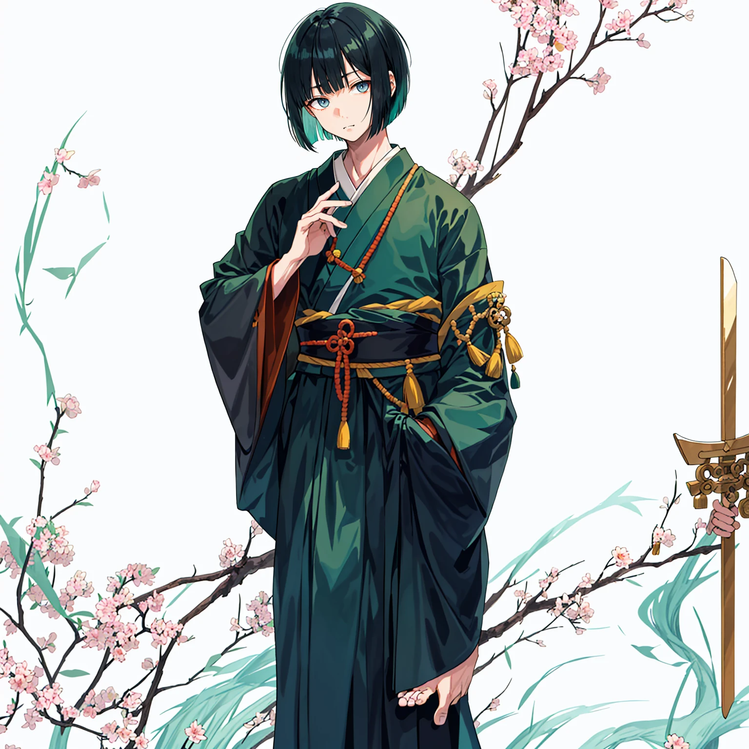 1 boy, 24 years old, full body, blunt bangs, bob cut, dark green hair, ((transparent background)),(solo),standing,{{{{Japanese monk}}}}},(wearing shoes on feet),{{wearing an article of clothing in the same manner as a kasaya}}},{{glaze}},{{Hair shine}},((is wearing Japanese Monk’s Clothing)),good young man, beautiful detailed eyes,gray eyes,black hair,good looking,((an extremely delicate and beautiful)),make the eyes the same shape and color on both sides, seiza, from front,