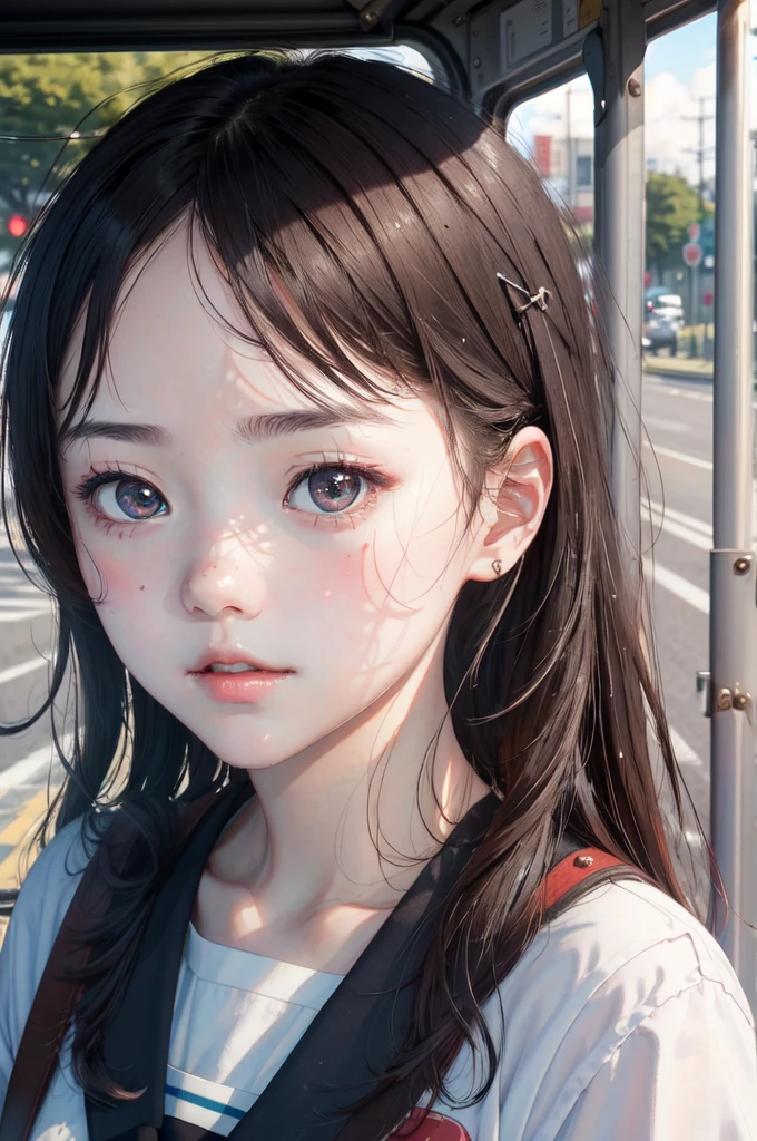 1girl, (masterpiece:1.2), highres, high quality, (perfect face and eyes:1.2), (textured skin:1.2), bus stop, wind, serafuku, , intense light rays, cute