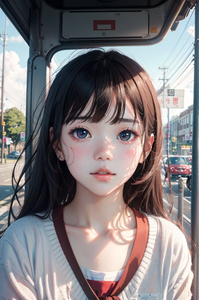 1girl, (masterpiece:1.2), highres, high quality, (perfect face and eyes:1.2), (textured skin:1.2), bus stop, wind, serafuku, , intense light rays, cute