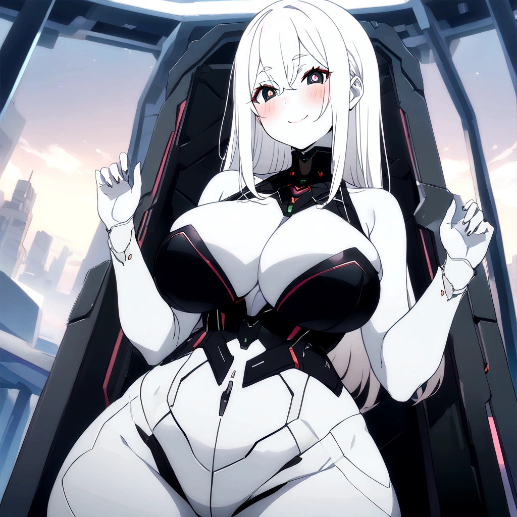 Masterpiece, High quality, High quality of art, anime lineart, 1girl,white hair, black eyes, white eyebrow, red eyeshadow, Tall, black cyber clothers, light gray cyber pants, big hips, big chest, very blush, white hearts in eyes, in future base, looking at viewer, smile, white skin, white hearts in eyes