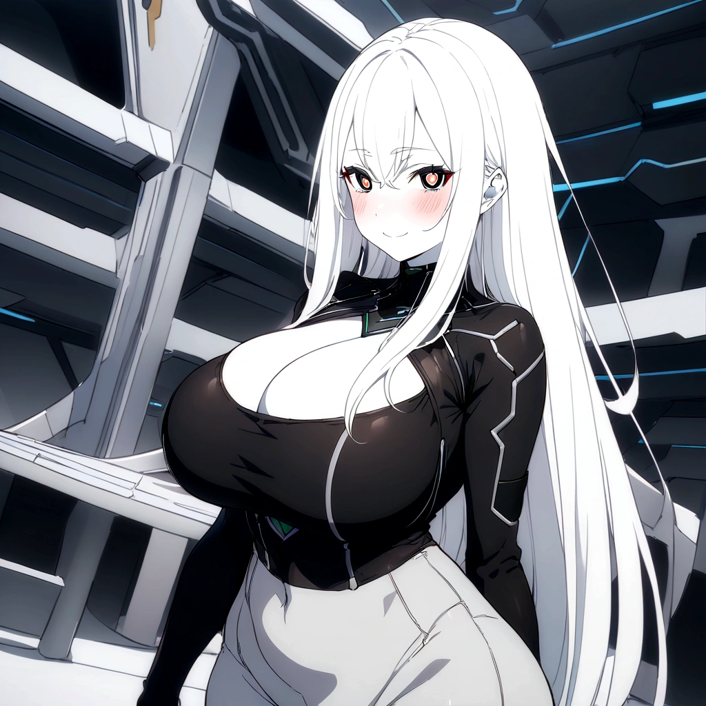 Masterpiece, High quality, High quality of art, anime lineart, 1girl,white hair, black eyes, white eyebrow, red eyeshadow, Tall, black cyber clothers, light gray cyber pants, big hips, big chest, very blush, white hearts in eyes, in future base, looking at viewer, smile, white skin, white hearts in eyes