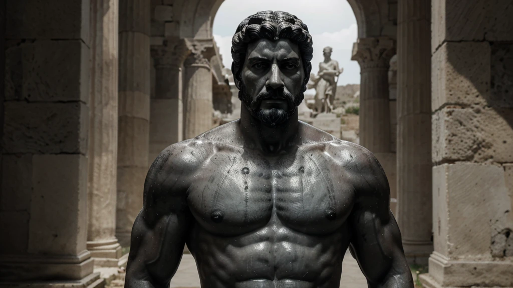 a portrait statue of the stoic Marcus Aurelius in black and white 4K, Super realistic ANCIENT GREEK RUINS, fully body, corpo stark, brawny, stark, wearing no shirt, tronco stark, stark, wearing no shirt, strong arms, 8K, ultra realisitic, cinematographic