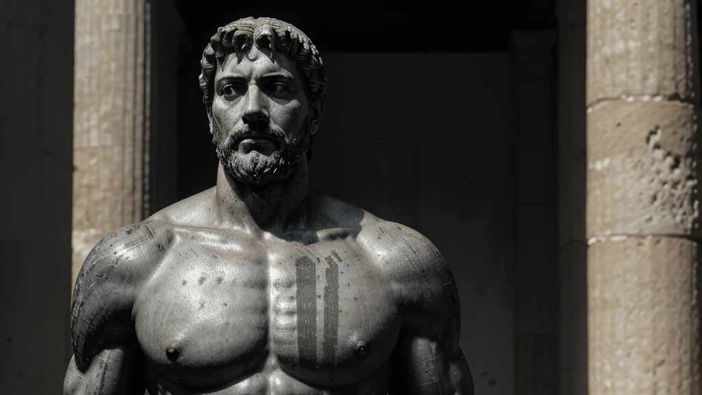 a portrait statue of the stoic Marcus Aurelius in black and white 4K, Super realistic ANCIENT GREEK RUINS, fully body, corpo stark, brawny, stark, wearing no shirt, tronco stark, stark, wearing no shirt, strong arms, 8K, ultra realisitic, cinematographic
