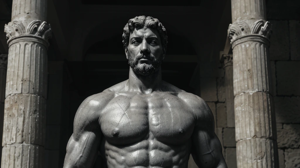 a portrait statue of the stoic Marcus Aurelius in black and white 4K, Super realistic ANCIENT GREEK RUINS, fully body, corpo stark, brawny, stark, wearing no shirt, tronco stark, stark, wearing no shirt, strong arms, 8K, ultra realisitic, cinematographic