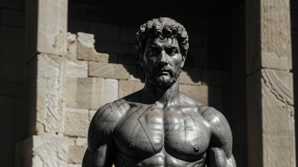 a portrait statue of the stoic Marcus Aurelius in black and white 4K, Super realistic ANCIENT GREEK RUINS, fully body, corpo stark, brawny, stark, wearing no shirt, tronco stark, stark, wearing no shirt, strong arms, 8K, ultra realisitic, cinematographic