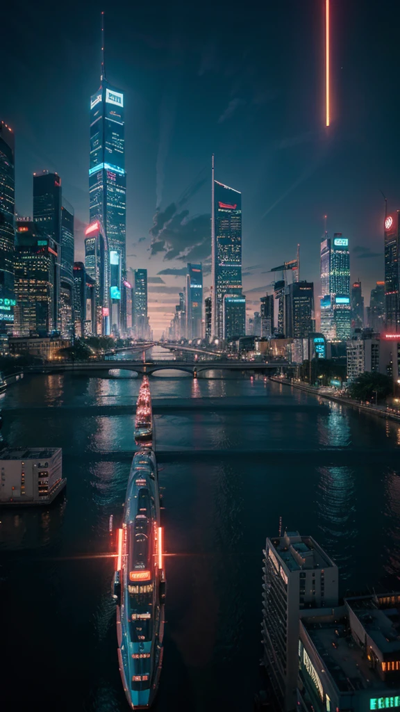 Create a surreal cityscape at sunset, The dazzling city lights are quiet, Mirror-like river. The setting is futuristic, Cyberpunk city with neon signs and flying vehicles
