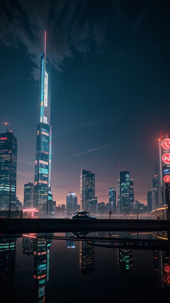 Create a surreal cityscape at sunset, The dazzling city lights are quiet, Mirror-like river. The setting is futuristic, Cyberpunk city with neon signs and flying vehicles