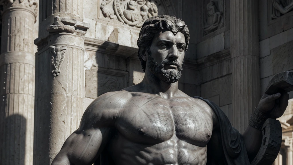 a portrait statue of the stoic Marcus Aurelius in black and white 4K, Super realistic ANCIENT GREEK RUINS, fully body, corpo stark, brawny, stark, wearing no shirt, tronco stark, stark, wearing no shirt, strong arms, 8K, ultra realisitic, cinematographic
