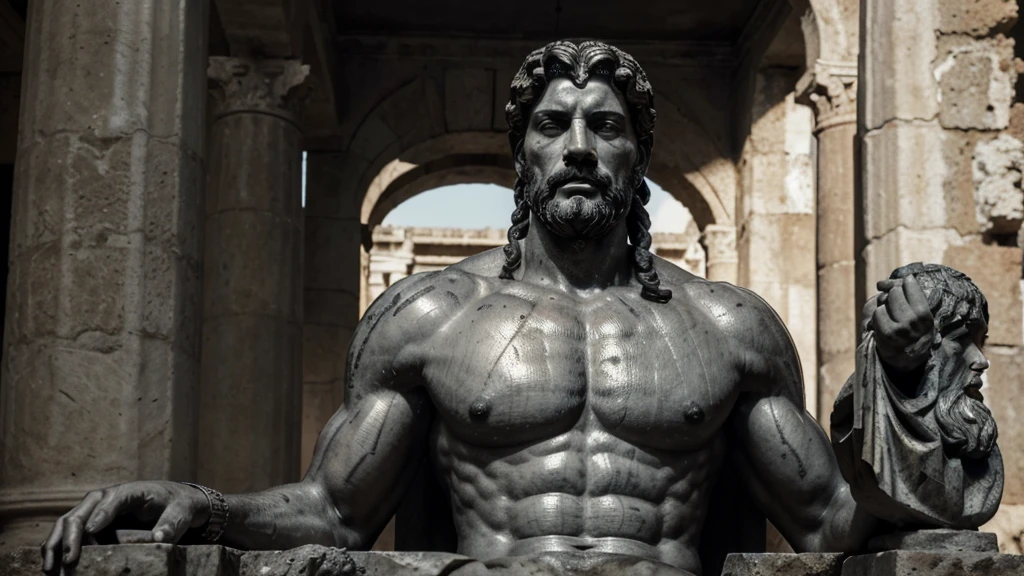 a portrait statue of the stoic Marcus Aurelius in black and white 4K, Super realistic ANCIENT GREEK RUINS, fully body, corpo stark, brawny, stark, wearing no shirt, tronco stark, stark, wearing no shirt, strong arms, 8K, ultra realisitic, cinematographic