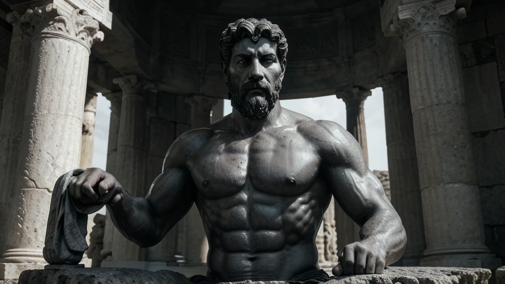 a portrait statue of the stoic Marcus Aurelius in black and white 4K, Super realistic ANCIENT GREEK RUINS, fully body, corpo stark, brawny, stark, wearing no shirt, tronco stark, stark, wearing no shirt, strong arms, 8K, ultra realisitic, cinematographic