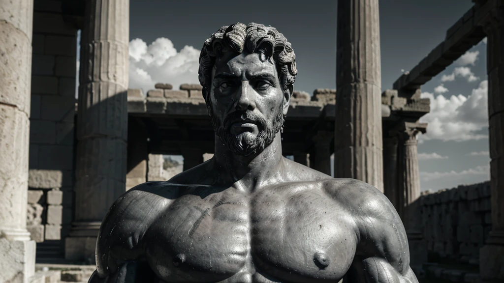 a portrait statue of the stoic Marcus Aurelius in black and white 4K, Super realistic ANCIENT GREEK RUINS, fully body, corpo stark, brawny, stark, wearing no shirt, tronco stark, stark, wearing no shirt, strong arms, 8K, ultra realisitic, cinematographic
