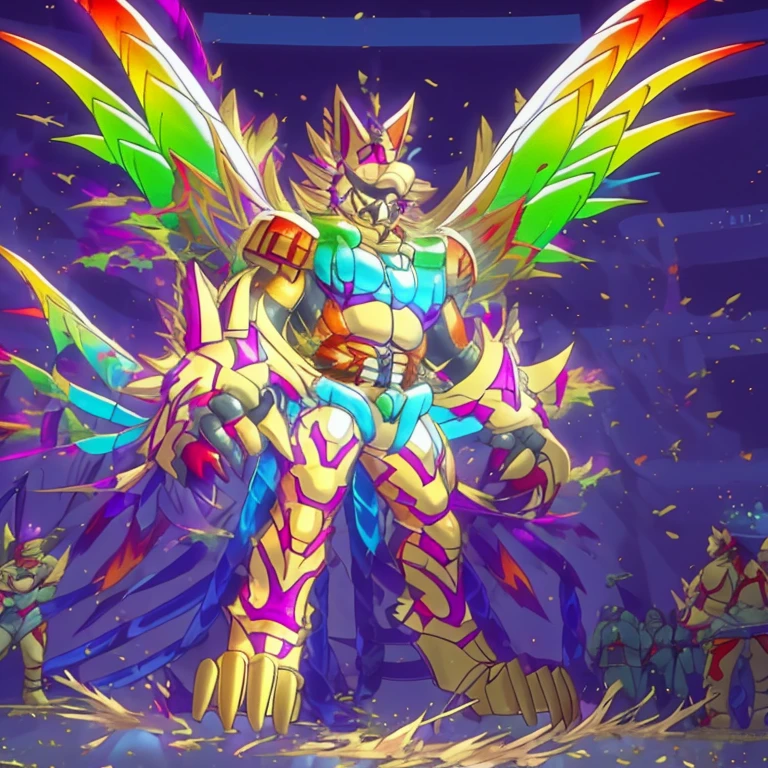(masterpiece. official art. 8k. best quality. detailed full body. full body.)

(situation 1 : dominating The Phoenix Wolf. The Phoenix Wolf is over 1000 meters long. focus giant mechanical Muscular The Phoenix Wolf is trampling the car. Looking down.)

(situation 2 :smoke and flames rising from the destruction in the city)

(Additional details 1: Wearing golden Armor. Cape. Helmet. real texture material. whole body shines like metal. emphasizes the muscles. suit fully made of metal. Robotic suit. no face.).

(Additional details 1.5: The arms are golden. The lower half of the body is golden. The wolf-shaped helmet has sharp fangs. The whole body is golden. The chest area is also golden. There is a ring above the head.).

(Additional details 2: Detailed head. Detailed Body. Detailed abs. gigantic muscles. HYPER MUSCLES. Gigachad Muscular. big muscle. pecs. triceps. traps. unusually developed muscular body. body full of huge muscles. showing off muscles. pectorales enormes. Exaggeratedly huge muscles. huge muscles. long legs.).

(Additional details 3: Spread wings. It has wings. The claws are sharp. Sharp teeth.). He is laughing defiantly. The claws are sharp. Sharp teeth.). 

(Additional details 3.5 : nj5furry,  He is laughing defiantly. medieval armor.). 

(Additional details 4: golden dick, golden cock, golden hyper penis. hyper golden penis. big penis)

(Additional details 6 : Spraying hyper cum up everywhere into the sky from his erect penis. wide spray of cum, covered in cum, cum splashing in front of camera, crowd of naked muscular male spectators, bukkake, City is under a thick later of cum.)