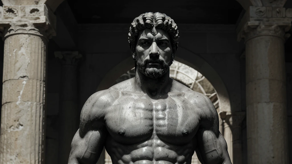 a portrait statue of the stoic Marcus Aurelius in black and white 4K, Super realistic ANCIENT GREEK RUINS, fully body, corpo stark, brawny, stark, wearing no shirt, tronco stark, stark, wearing no shirt, strong arms, 8K, ultra realisitic, cinematographic