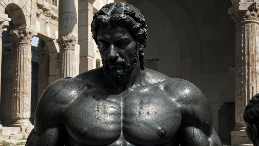 a portrait statue of the stoic Marcus Aurelius in black and white 4K, Super realistic ANCIENT GREEK RUINS, fully body, corpo stark, brawny, stark, wearing no shirt, tronco stark, stark, wearing no shirt, strong arms, 8K, ultra realisitic, cinematographic
