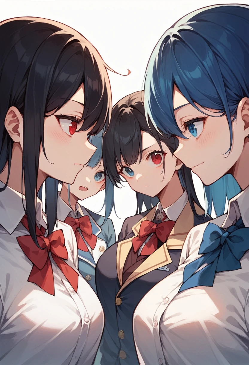 7 girls one black hair color with blue eyes (anime) another one with red eyes and blue hair the other one red and another blue side (Masterpiece) power academy anime good quality