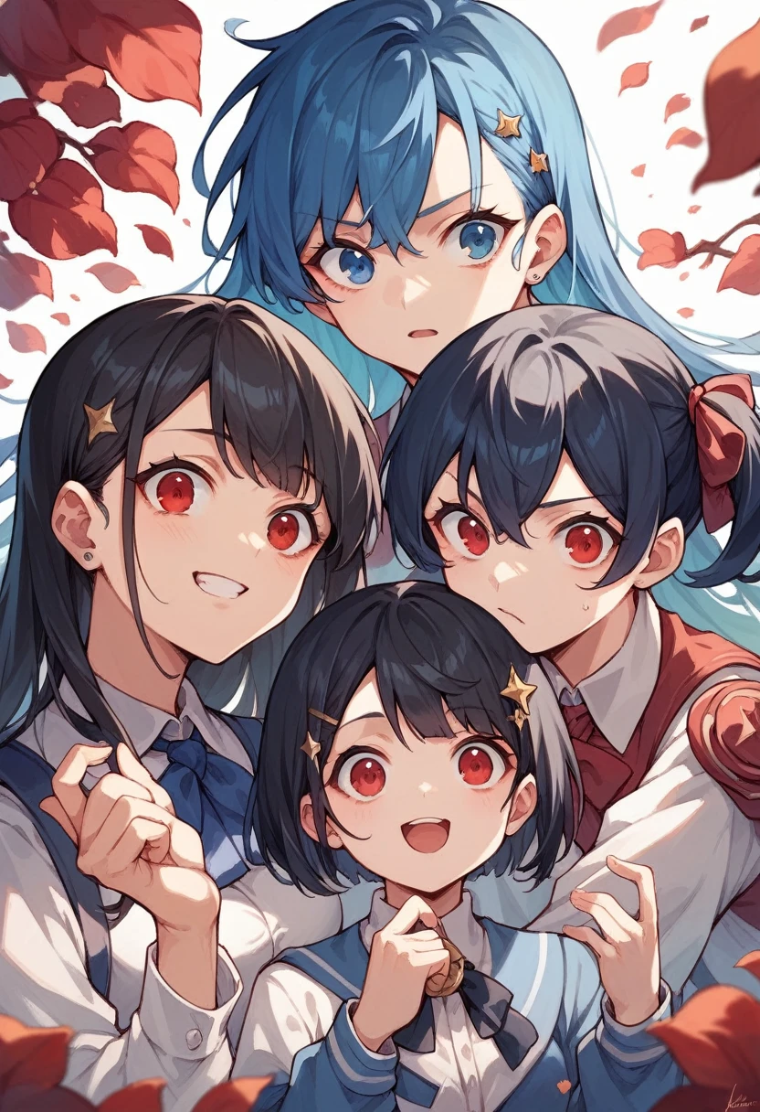 7 girls one black hair color with blue eyes (anime) another one with red eyes and blue hair the other one red and another blue side (Masterpiece) power academy anime good quality