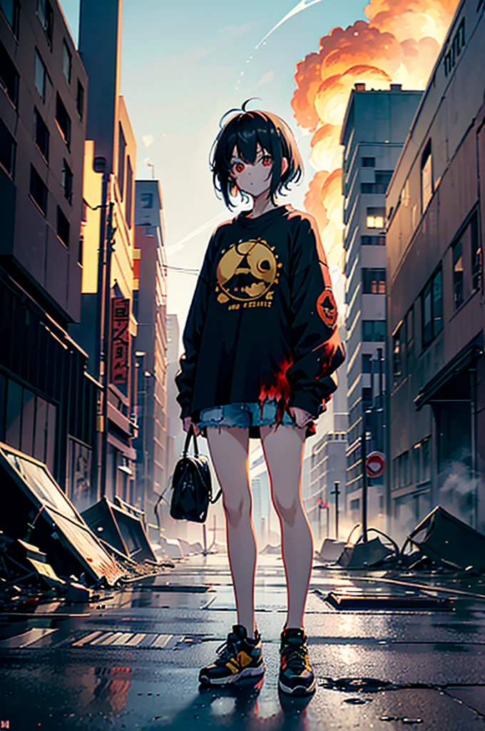 ((1 GIRL)) ((2d anime girl)), ((Japanese)) (( physically mature female)),23-year-old, ((2d anime girl)), ((short dark-haired)), ((windswept hair)) ((ultra high quality))((flawless))((4k UHD)) ((Best Quality)) ((Daytime)) ((eyes glowing red )), wearing a ((black long sleeve shoulderless T-shirt)) with the slogan ((KAIJU))((KAIJU))((KAIJU)) in RED letters, wearing blue jeans and black and yellow sneakers with (((blood splattered))) on it and her face, standing in the street ((facing toward the camera)) in a ((ruined city)) filled with ((heavily damaged)) and worn (( tall skyscrapers with gaping holes in their structures while on fire)) and ((crushed vehicles on fire)) and small and ((raging fires all around)) and an expressionless look on her face, with a giant monster kaiju-beast in the distance looking furocious.