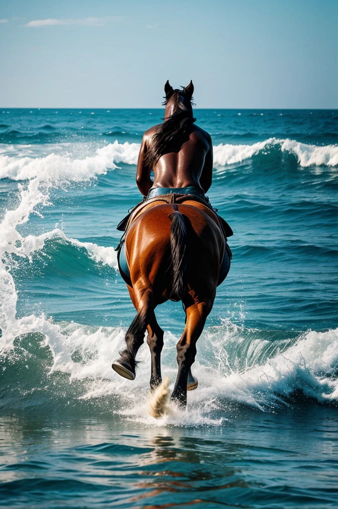 Horse walking away entering the sea with its back turned deep into the sea, paint
