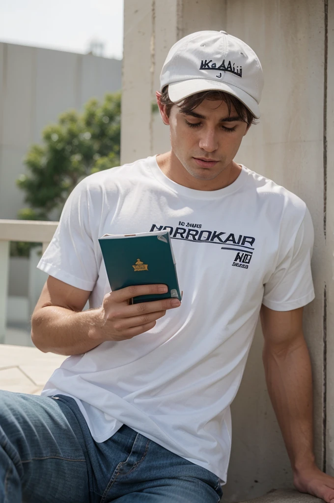 A handsome white man wearing a Koko shirt and cap is reading the Koran 
