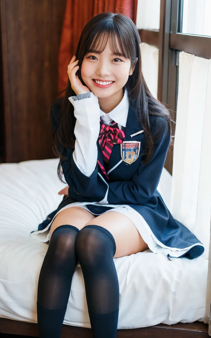 nsfw, Photorealistic, (A big smile:1.2), open mouth, On the bed, (Split seat),  Knee-high socks, (High School Uniforms:1.2)