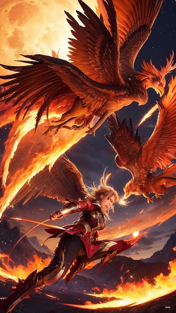 Two phoenix, fighting, fire, night background, full moon, flying, Close-up image