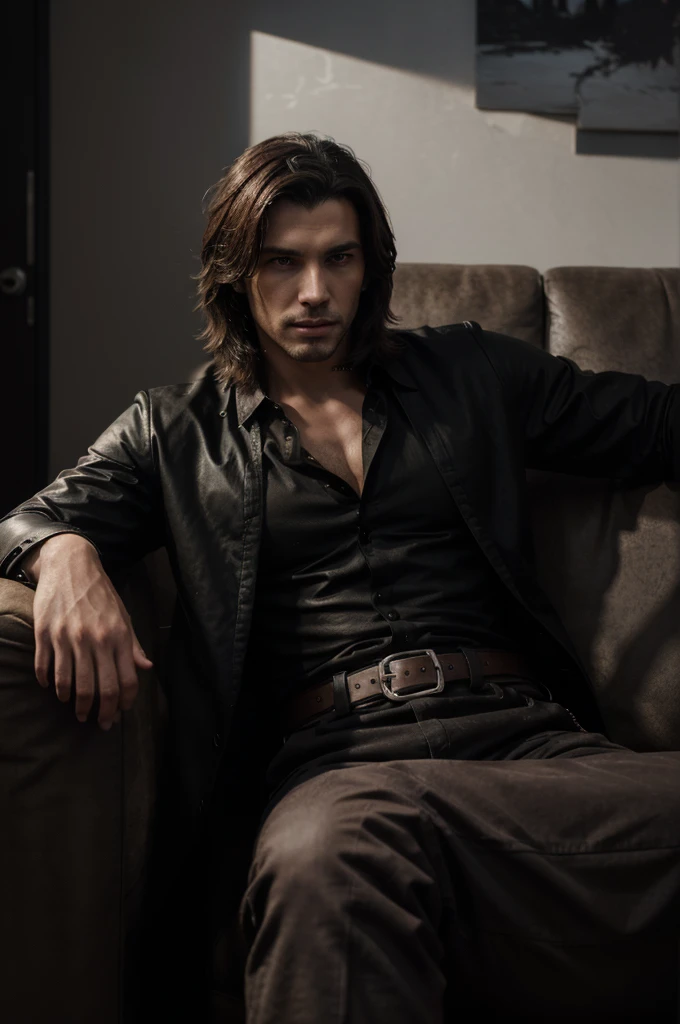 a black and white photo of a man sitting on a couch holding a glass, handsome guy in demon slayer art, sylas, handsome male vampire, epic and classy portrait, male vampire, commission for high res, jesse mccree, jacen solo, male art, artstation mans aesthetic, style of charlie bowater, as a character in tekken, neo noir style, (8k, best quality, masterpiece:1.2), (realistic, photo-realistic:1.2). cabelo de Miguel O´hara