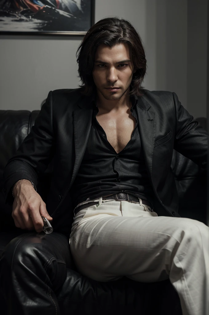 a black and white photo of a man sitting on a couch holding a glass, handsome guy in demon slayer art, sylas, handsome male vampire, epic and classy portrait, male vampire, commission for high res, jesse mccree, jacen solo, male art, artstation mans aesthetic, style of charlie bowater, as a character in tekken, neo noir style, (8k, best quality, masterpiece:1.2), (realistic, photo-realistic:1.2). cabelo de Miguel O´hara