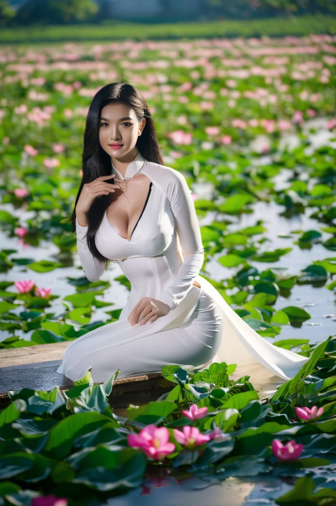 big breasts, round breasts, wearing bra inside ao dai, slim figure, beautiful figure, big breasts, ponytail, sharp 8k quality photo, ((beautiful, sharp, balanced face details) for )), ((beautiful breasts, exposed cleavage, plump body), ((beautiful sparkling eyes, sharp eye details, beautiful face)), sitting in the middle of rice fields, ((super beautiful body with high details , tight body, wide chest, slim waist)), ((thin cleavage, round breasts))