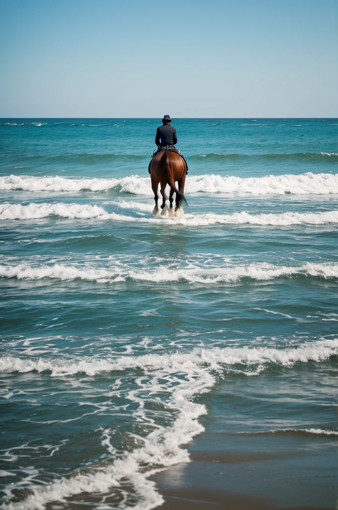 Horse walking away entering the sea with its back turned deep into the sea, paint