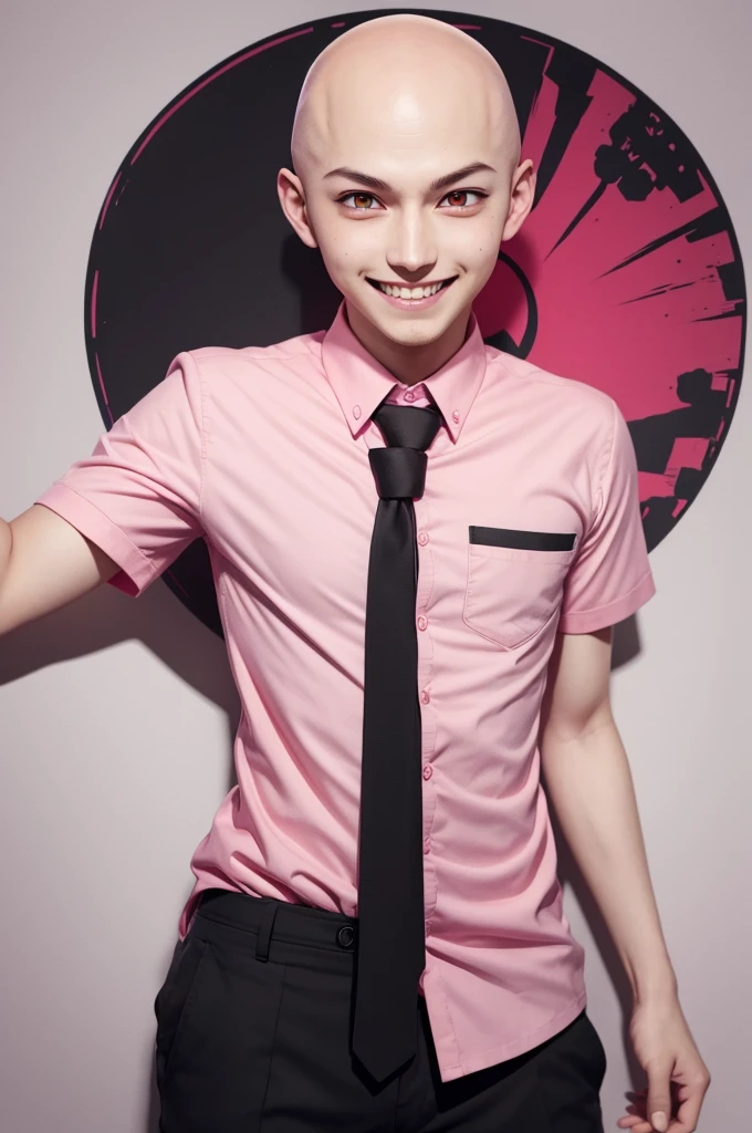 Bald Danganronpa style boy, with a red eyes, pink shirt and smiling