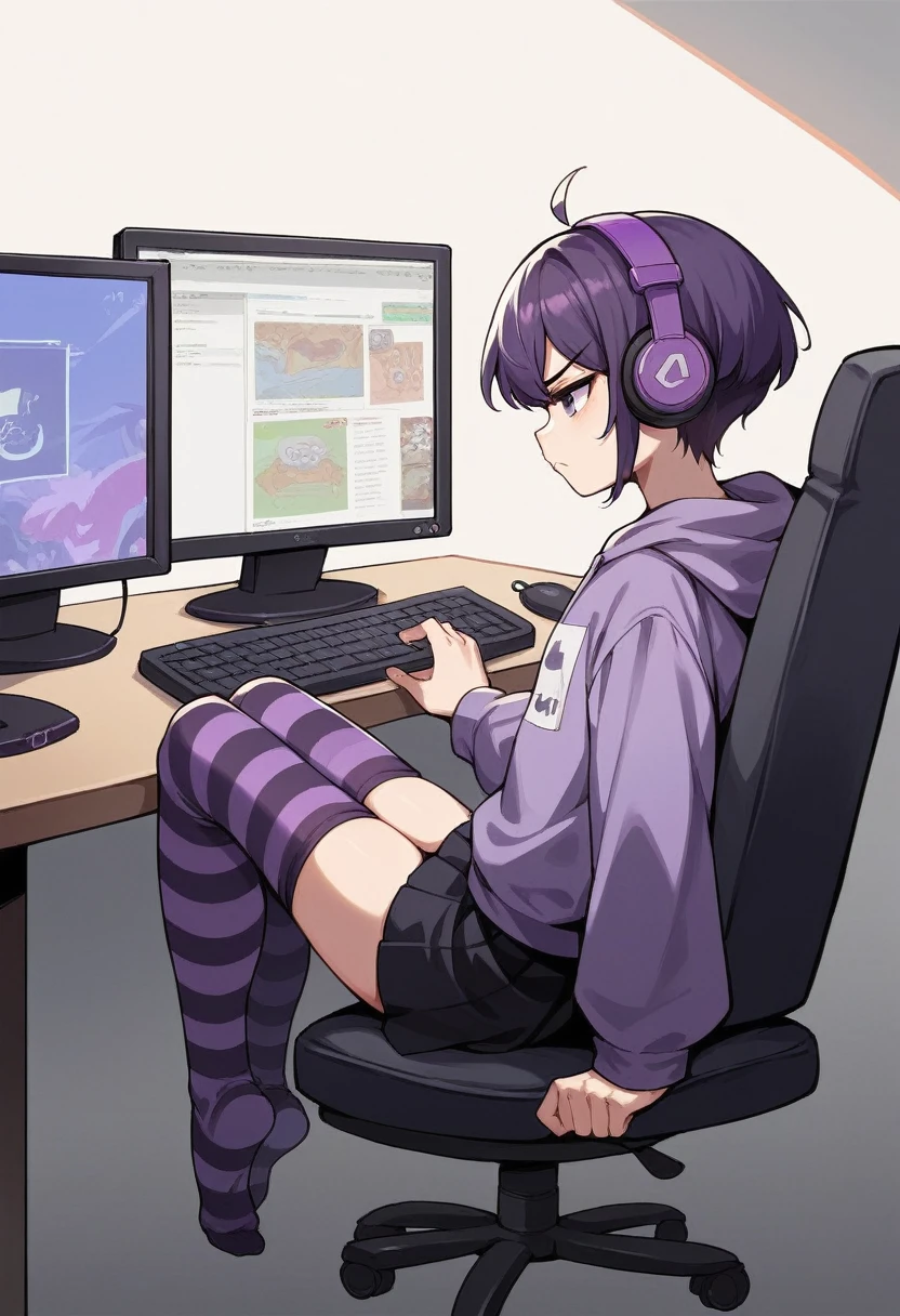 score_9, score_8_up, score_7_up, score_6_up, score_5_up, score_4_up, sideview, sitting on a chair, 20 years old anime girl, purple short hair, purple hoodie, flat chest, black skirt, girl with headphones, girl gaming in front a computer, computer table, grumpy expression, focus on girl, full body, bad back posture, hunched back, Striped high stockings, purple and black striped stockings, playing videogames