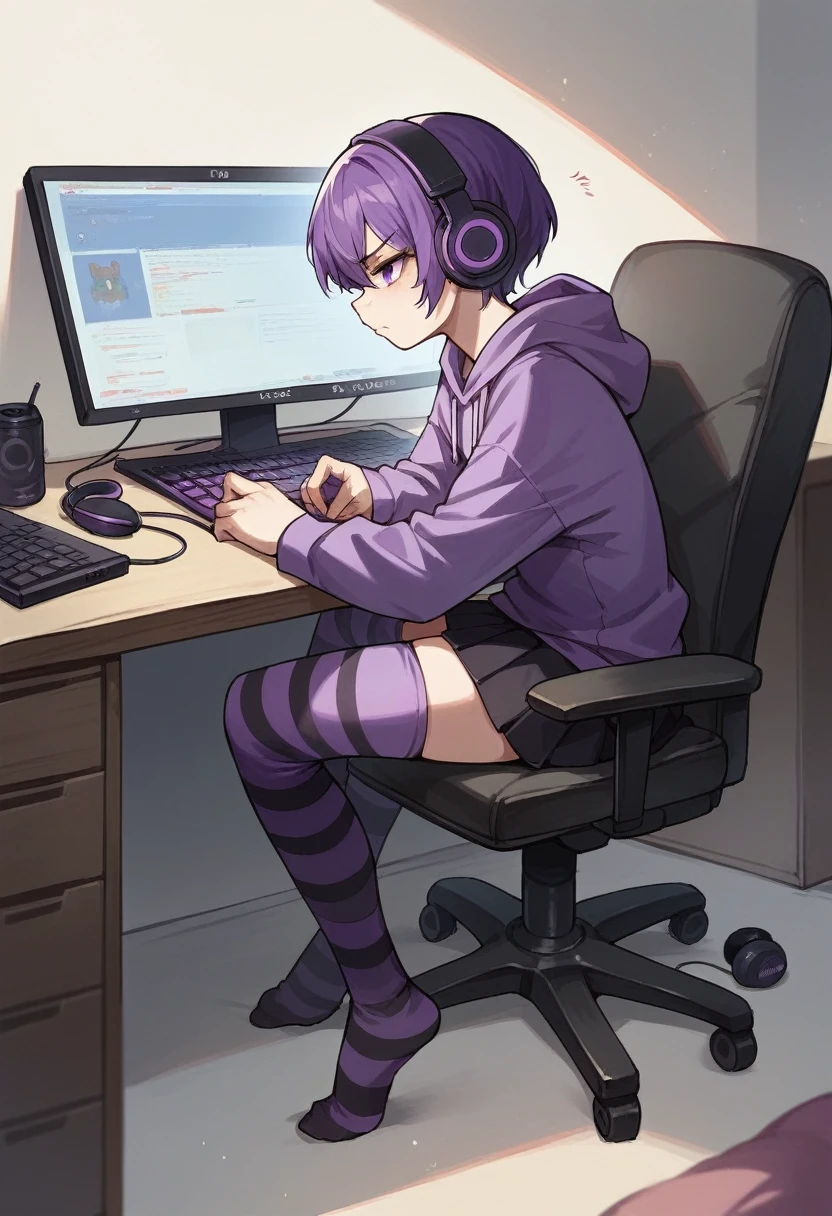 score_9, score_8_up, score_7_up, score_6_up, score_5_up, score_4_up, sideview, sitting on a chair, 20 years old anime girl, purple short hair, purple hoodie, flat chest, black skirt, girl with headphones, girl gaming in front a computer, computer table, grumpy expression, focus on girl, full body, bad back posture, hunched back, Striped high stockings, purple and black striped stockings, playing videogames