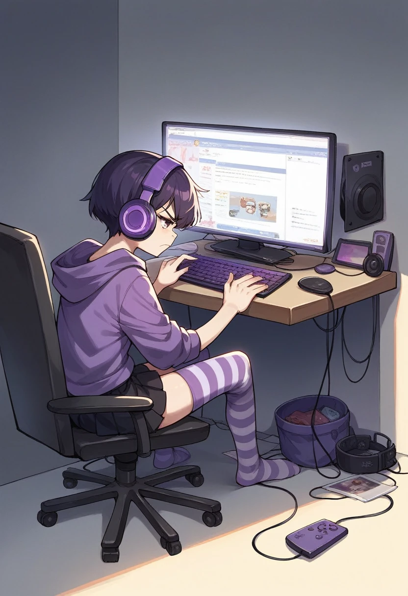 score_9, score_8_up, score_7_up, score_6_up, score_5_up, score_4_up, sideview, sitting on a chair, 20 years old anime girl, purple short hair, purple hoodie, flat chest, black skirt, girl with headphones, girl gaming in front a computer, computer table, grumpy expression, focus on girl, full body, bad back posture, hunched back, Striped high stockings, purple and black striped stockings, playing videogames