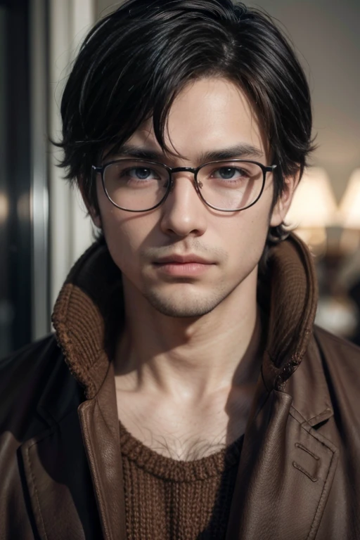 (tmasterpiece, high resolution, ultra - detailed:1.0), (1male), 30 years, Eyes looking at the camera, Perfect male body, Extremely detailed CG, 8K wallpaper, Complicated details, solo person, Detailed face,(Black hair, brown coat,brown sweater, Glasses), color difference, Depth of field, dramatic shadow, Ray tracing, Best quality, Cinematic lighting, offcial art