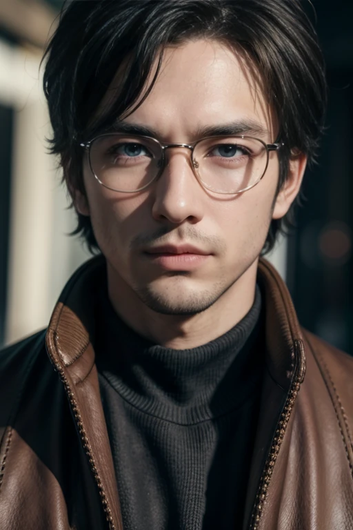 (tmasterpiece, high resolution, ultra - detailed:1.0), (1male), 30 years, Eyes looking at the camera, Perfect male body, Extremely detailed CG, 8K wallpaper, Complicated details, solo person, Detailed face,(Black hair, brown coat,brown sweater, Glasses), color difference, Depth of field, dramatic shadow, Ray tracing, Best quality, Cinematic lighting, offcial art