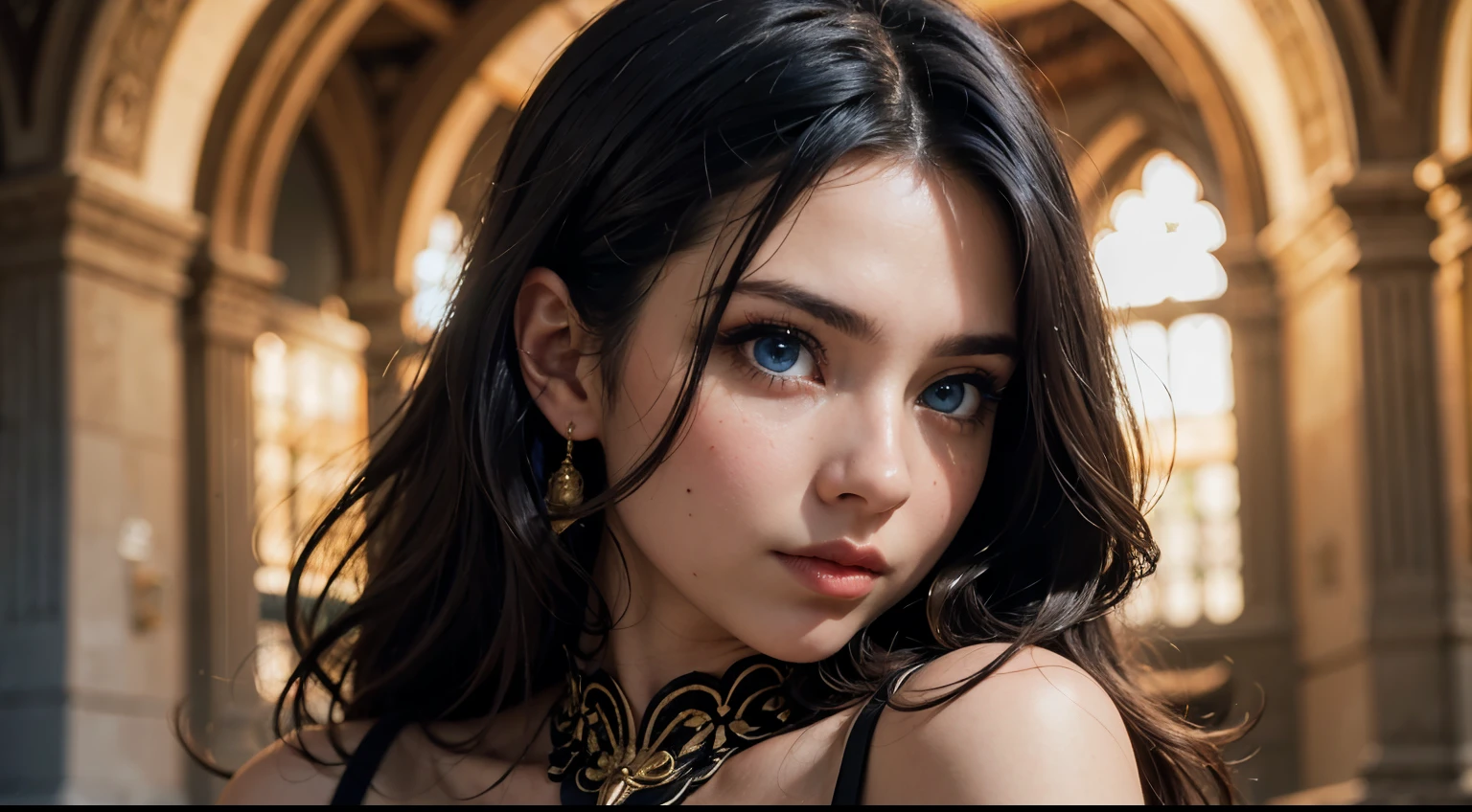 35mm film, solo, makeup, ((blue eyes)), looking at viewer, upper body, epiCPhoto, focus on face, (black and gold dress) close to viewer, intricate lines, stone fortress, sharp magnificent details, delicate features, elaborate details, beautiful girl, black hair, (((long hair))) 1girl, eighteen year old woman ((upper body)) (Acne), ((natural lighting))