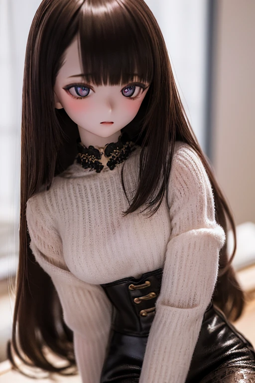 photorealistic, realistic photo, ((highest quality)), ((masterpiece)), detailed, kukolnydom, doll, ( woman, 22yo, 22 years old:1.6), solo, ((cowboy shot, sitting on desk, skinny, slender, slim, parted lips)), green eyes, brown hair, (looking down, blank eyes, empty eyes, detailed eyes, detailed face:1.3), museum, 8k
