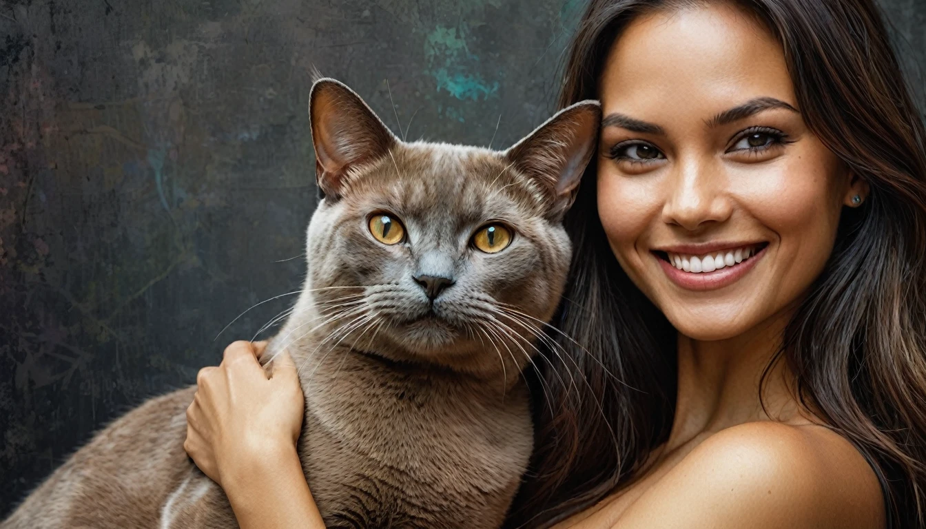 half body,
a woman smile with her best friend her Burmese cat,
dark complex background, style by Thomas Kinkade+David A. Hardy+Carne Griffiths+Mandy Disher half vivid colors fine art, best quality, high detailed, detailed faces, 2d,