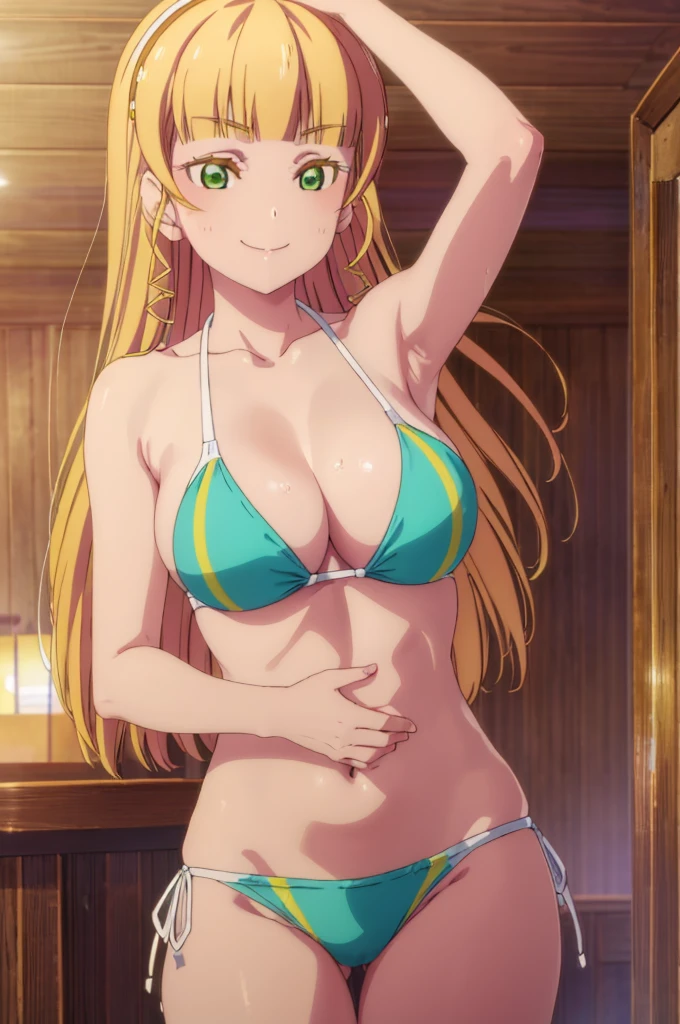 (((pixel-perfect, detail-perfect))), solo, 1girl, sumire heanna, smile, eyes green, hair blonde, sauna, bikini, armpit, medium filesize, ultra High Qality