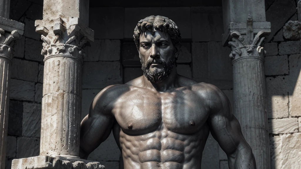 a portrait statue of the stoic Marcus Aurelius in black and white 4K, Super realistic ANCIENT GREEK RUINS, fully body, corpo stark, brawny, stark, wearing no shirt, tronco stark, stark, wearing no shirt, strong arms, 8K, ultra realisitic, cinematographic
