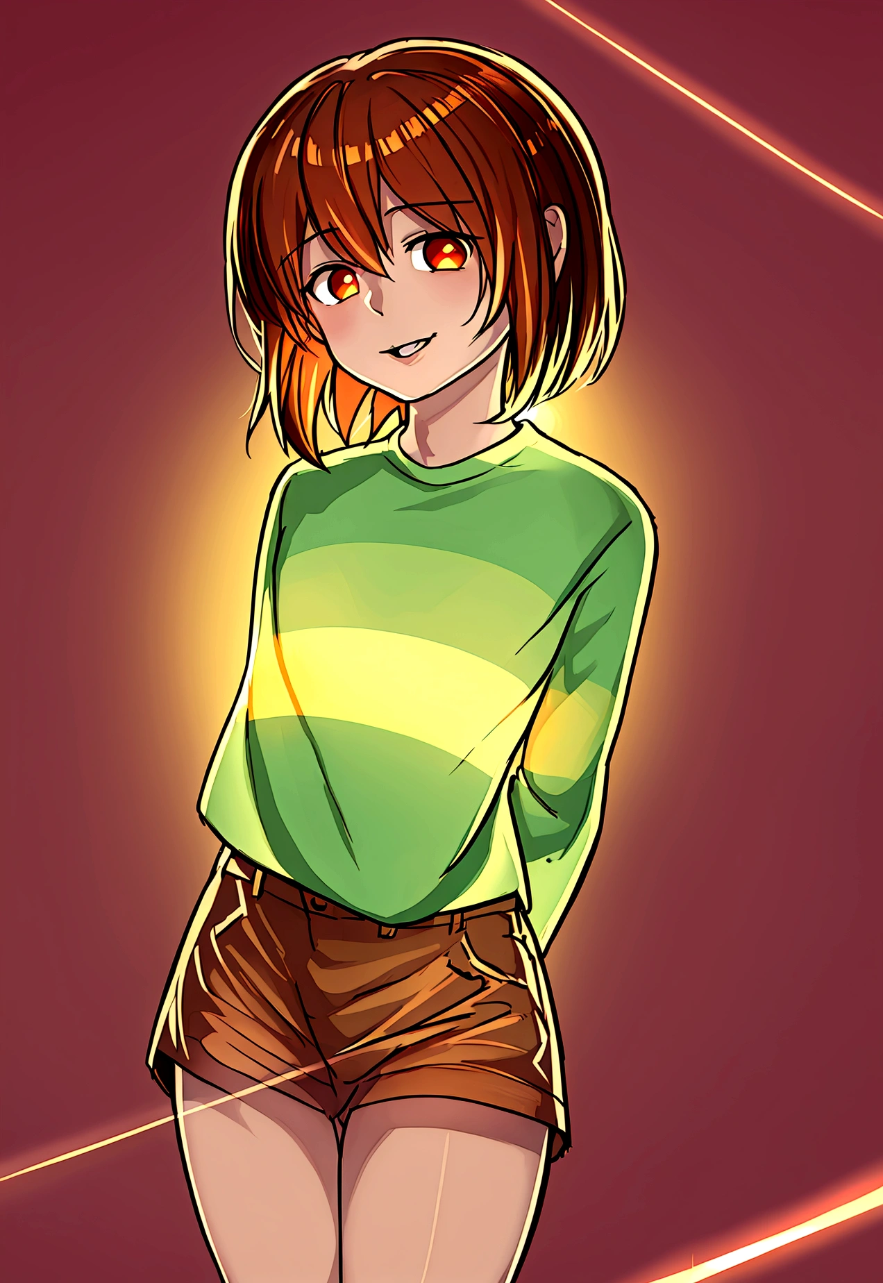 masterpiece, best quality, detailed, 1girl, striped shirt, t-shirt, brown shorts, lens flare, bloom, outside, standing, chara, chara \(undertale\), evil smile, young, , ((one stripe)), arms behind back,
