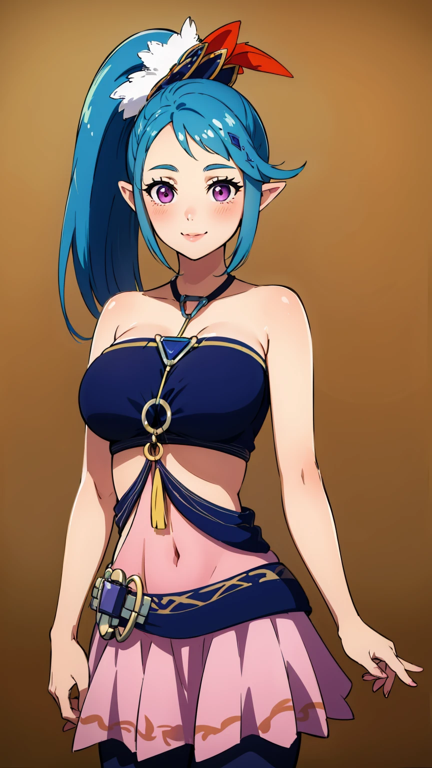 best quality, high resolution, large breasts, blue hair, ponytail, blush, smile, cowboy shot, looking at viewer, Lana, pink lip, in Hyrule,