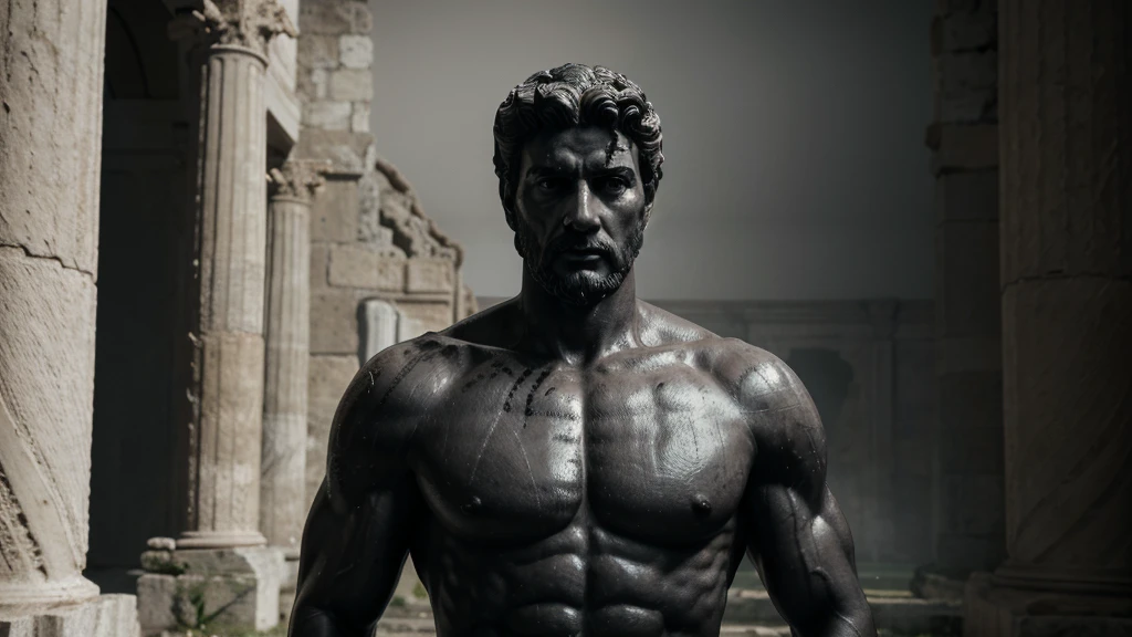 a portrait statue of the stoic Marcus Aurelius in black and white 4K, Super realistic ANCIENT GREEK RUINS, fully body, corpo stark, brawny, stark, wearing no shirt, tronco stark, stark, wearing no shirt, strong arms, 8K, ultra realisitic, cinematographic